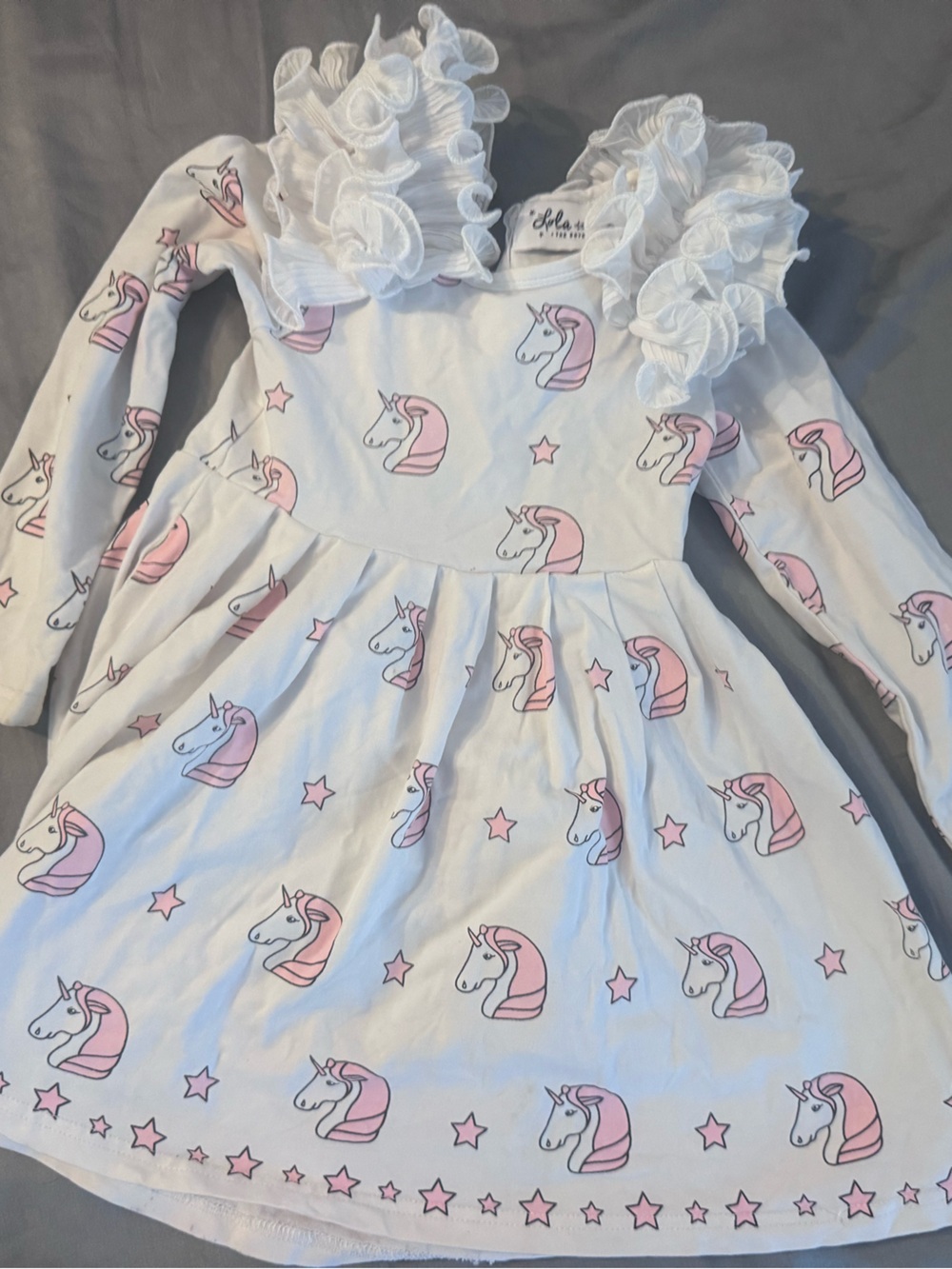 Lola + The Boys white ruffle puff shoulder dress with pink unicorn print